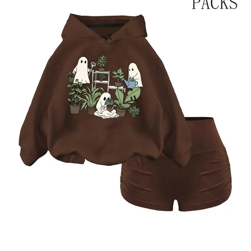 Women's Fall Winter Warm Hooded Sweatshirt Set, Preppy Style Knit Pullover with Drawstring & Pocket, Halloween Print Ghost, 2 Piece