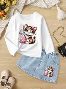 2-Pack Girls' Stylish Crew Neck Long-Sleeve T-Shirt & Denim Skirt Sets | Dessert & Cat Prints | Sweet Casual Summer Daily Outfits