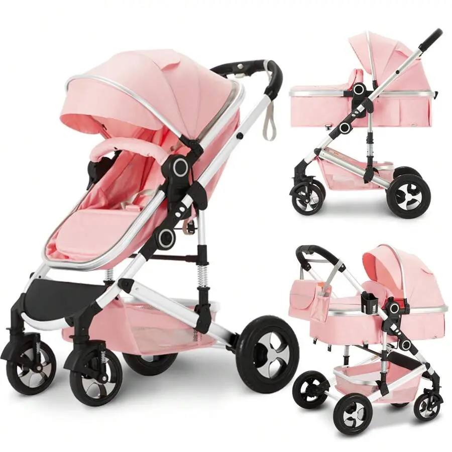 Unisex Aluminum 2-In-1 Convertible Foldable High-Landscape Stroller - Reversible Newborn Pram with Adjustable Canopy, Diaper Bag, Essential Baby Travel Gear, Foldable Stroller