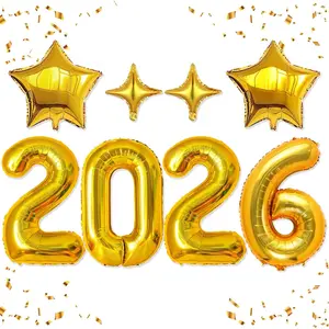 Upgraded, 42in Large 2026 Balloons, with 4pcs Star Balloons, New Years Decorations 2026, Gold Number Balloons for New Years Eve Party Supplies, Gold Foil Balloon New Year Banner 2026 NYE Decorations