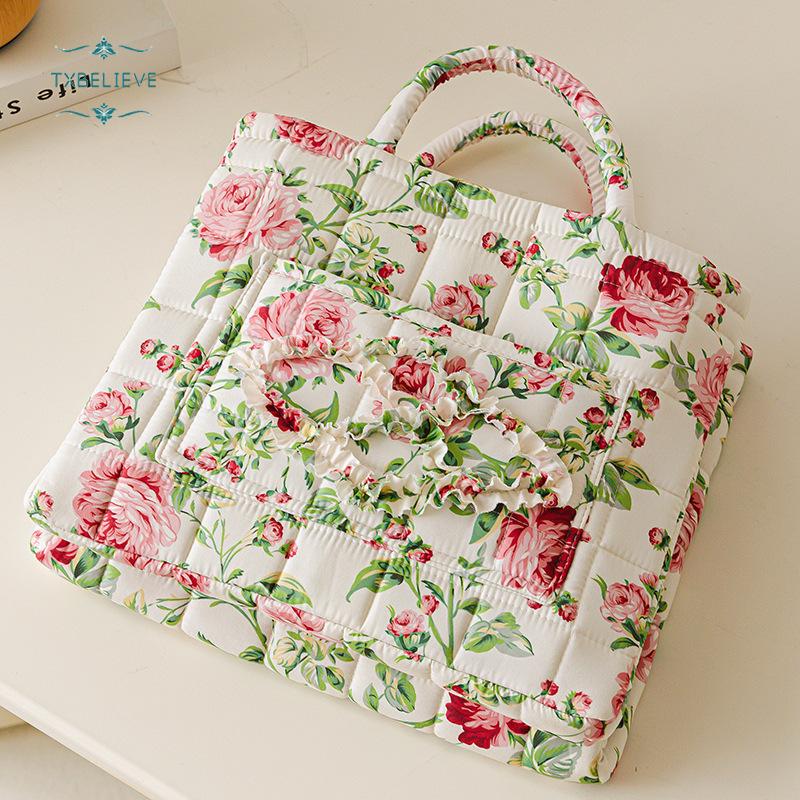 Quilted Fabric Storage Basket with Handles – Boho Foldable Floral Organizer Bin for Home, Picnic, Shopping, Travel