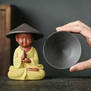 Creative Little Monk Wearing a Hat and Using a Tea Funnel for Gongfu Tea Set Accessories in Purple Sandstone, Ceramic Figure Decorative Items, Sensory Bath