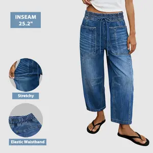 Flamingals Drawstring Patched Pocket High Waist Barrel Leg Jeans Womenswear Stretchy 25.2" Inseam