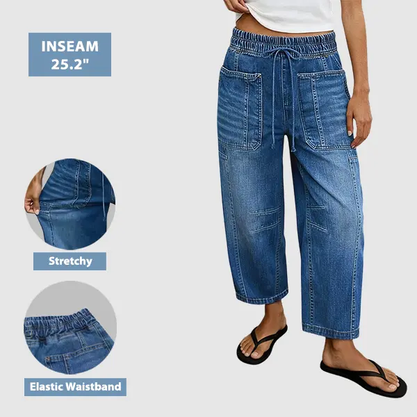 Flamingals Drawstring Patched Pocket High Waist Barrel Leg Jeans Womenswear Stretchy 25.2" Inseam