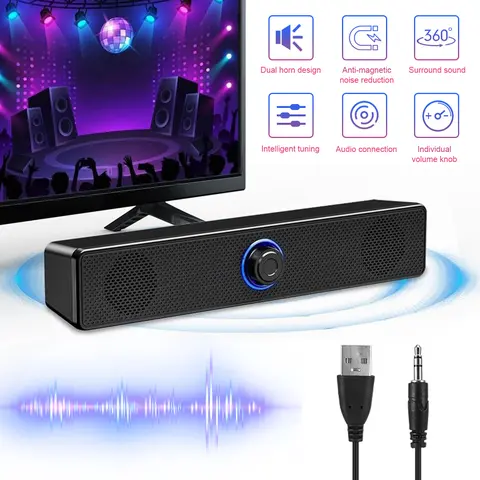 DAZONE Wired Computer Soundbar Speakers with Stereo Bass, 3.5mm Jack & USB Connection, Plug-In PC Desk Accessories for Desktop, Laptop, Tablets, CD Players Audio Speaker System