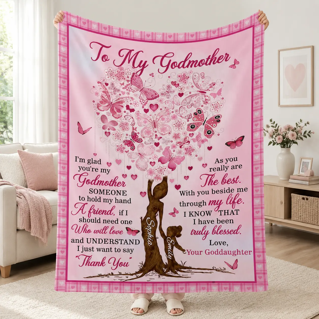Personalized Style Gift Blanket for Godmother, Pink Butterfly Floral Throw Blanket, Heartwarming Appreciation Gift for Family, Cozy Soft Blanket for Home Decor