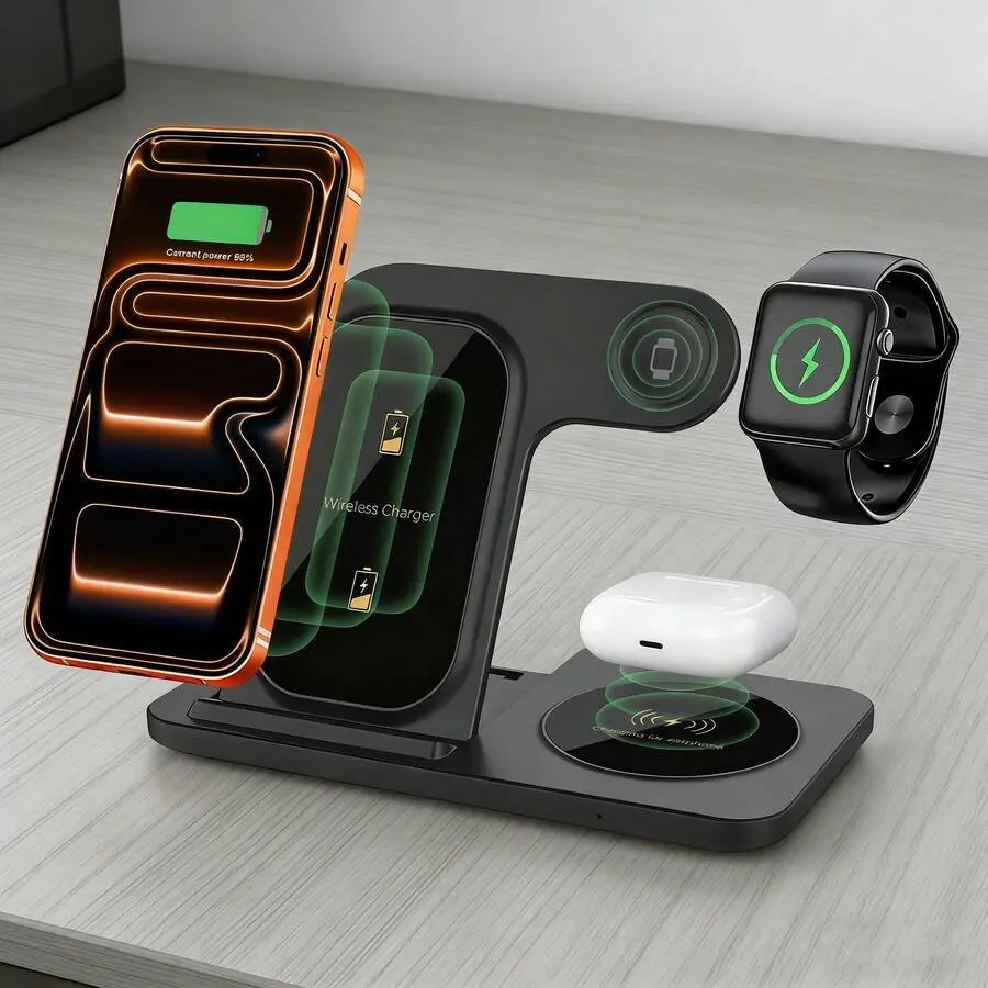 3 in 1 Wireless Charger Station, Foldable Fast Wireless Charging Stand for iPhone 17 Pro Max 16 15 14 13 12 Series, Apple Watch Ultra 11 10 9 8, AirPods Pro 4 3 2, Multi Device Wireless Charging Dock for Apple Devices