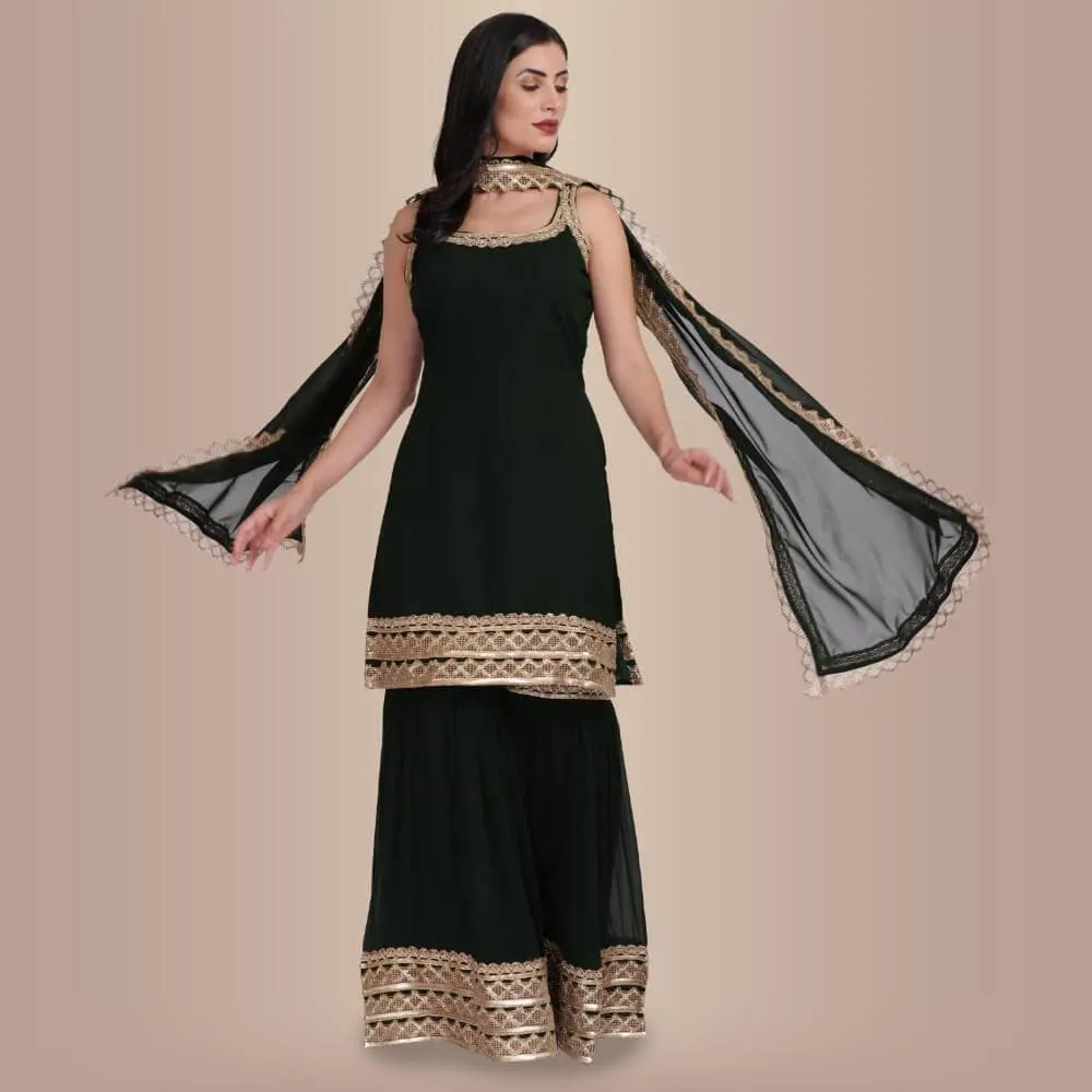 Chiro's By Jigyasa Elegant Garara Set with Gold Accent - Dark Green