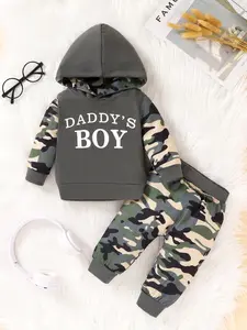 2-piece Set Of Soft Comfortable And Cute Baby Boys With Letter Print Splicing Camouflage Print Hooded Top And Camouflage Print Contrasting Pants Set Suitable For Casual Daily Vacation Parties
