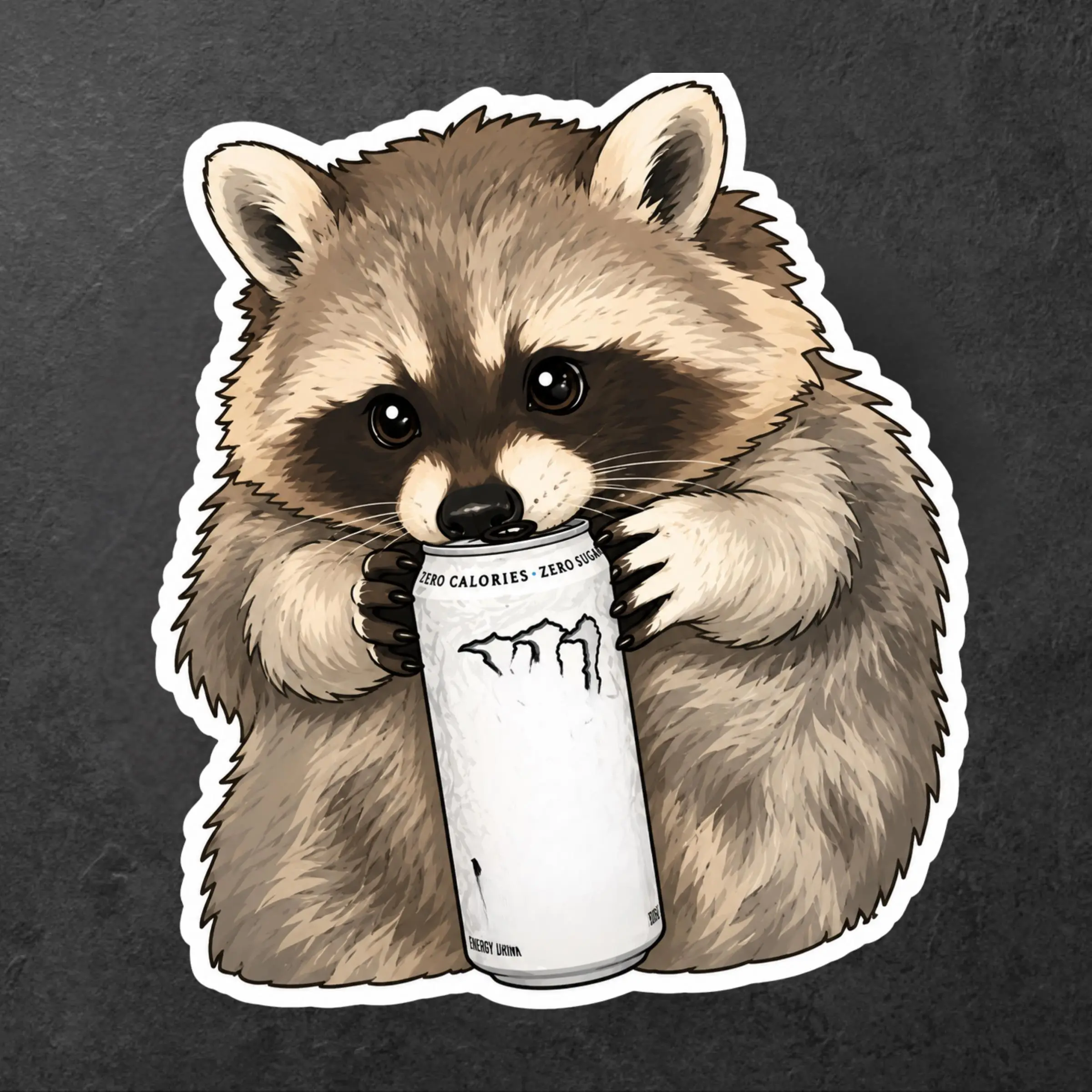 Zero Sugar Energy Drink Raccoon Caffeinated Mood Sticker, Funny Relatable Gamer Caffeine Vinyl Decal for Laptop and Tumbler
