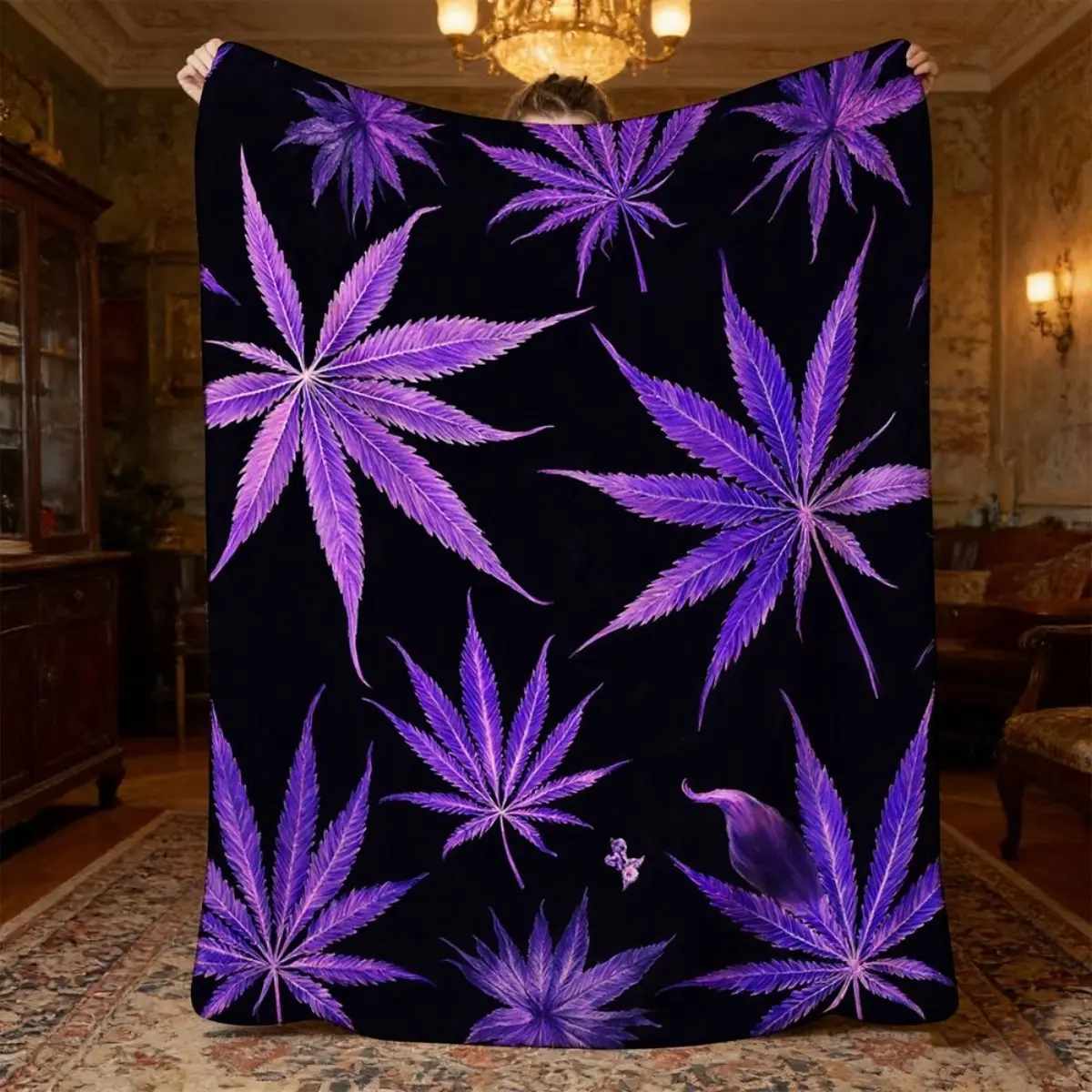 Purple Leaf Patterned Blanket, Made of Soft and Cozy Flannel Material, Perfect for Indoor Relaxation or Outdoor Gatherings, Ideal for Home Decor, All-season Use, Stylish and Discrete