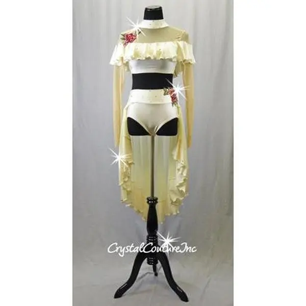Ivory Lycra and Sheer Mesh 2 pc Long Sleeve Top and Trunk/Half Skirt - Rhinestones