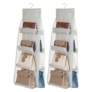 2 Packs Hanging Handbag Purse Organizer for Closet, 8 Pockets Space Saving Purse Storage Organizers, Wardrobe Bag Organizer Pocketbook Organizer, 45.7 L x 14.1W (2 Light Gray)