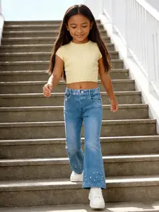 Girls' Retro Pearl Print Imitation Flares Jeans Casual Soft Fabric Stylish Fake Jeans Bell-Bottoms Trousers for All Seasons