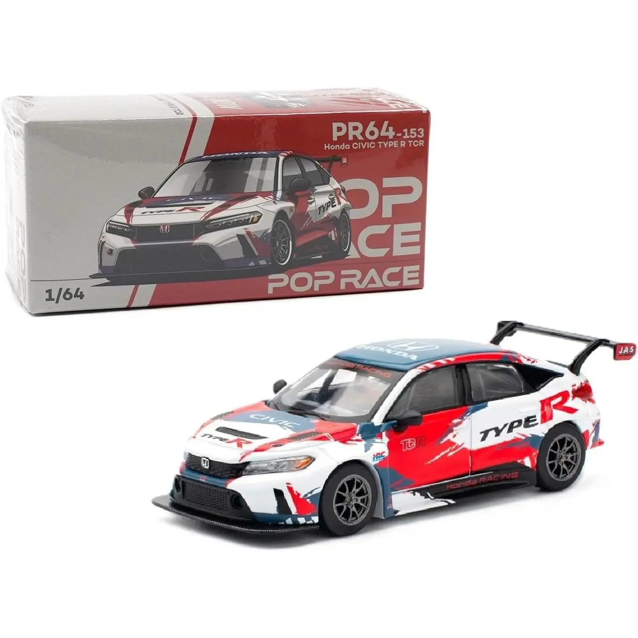 New Pop Race 1:64 Honda Civic Type R TCR Diecast Model Car, Presentation White with Graphics, Limited Ed. PR640153