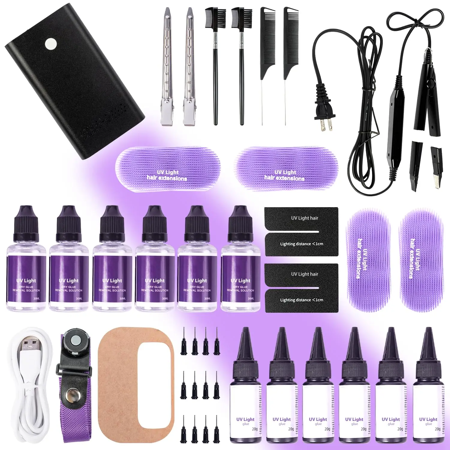 UV Light Hair Extension Kit with Lamp, Glue & Remover – Black
