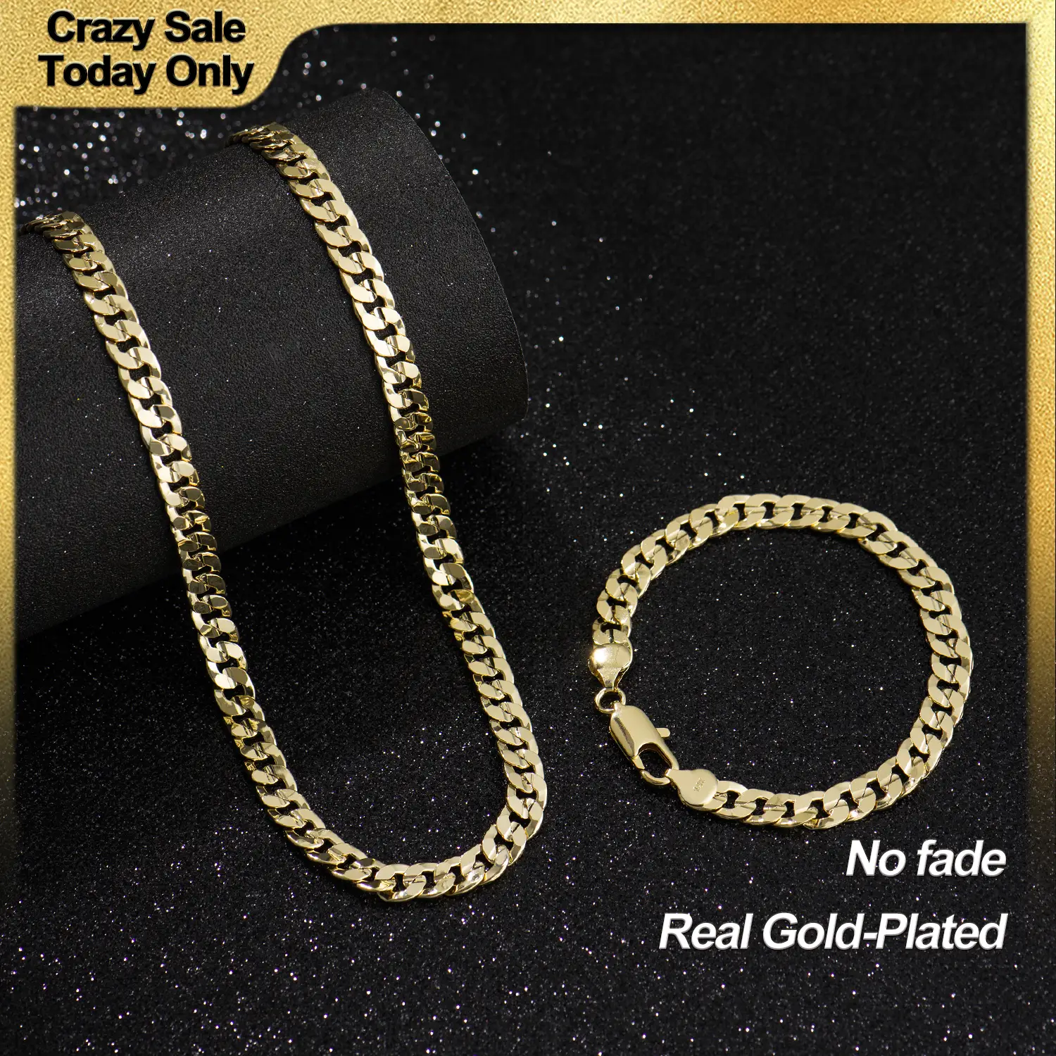 Holylegend 14K Real Gold-Plated Cuban & Figaro & Rope Set, Bracelet, Necklace - 8mm/10mm wide, High Quality