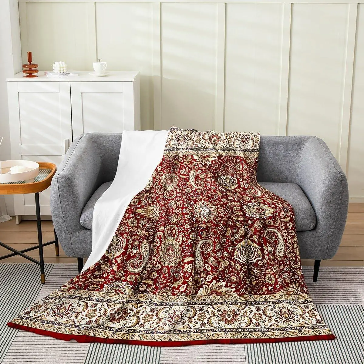 Paisley Boho Throw Blanket,Red Yellow Floral,Tribal Fashion Fleece,Damask Medallion,Egyptian Sherpa