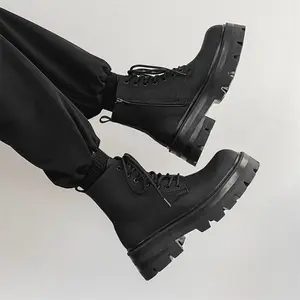Men's All-Black Minimalist Platform Boots, Sleek Leather Lace-Up Ankle Boots, Low-Profile Chunky Sole, Sophisticated Formal & Casual Footwear for Office & Daily Outfits