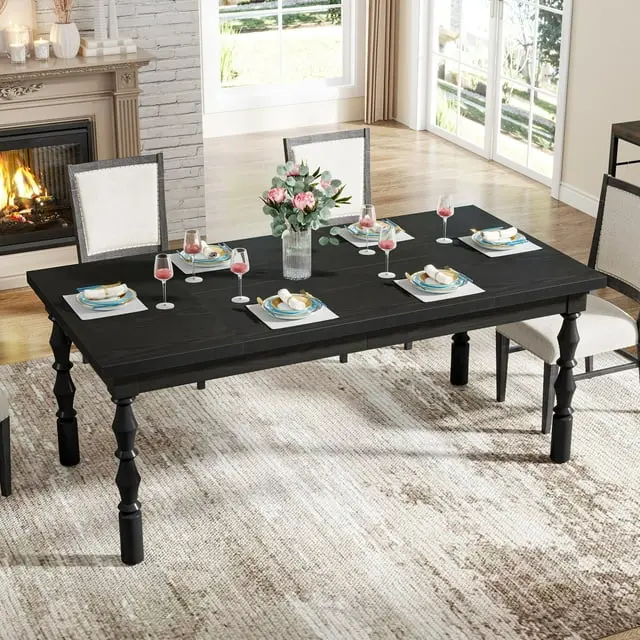 Tribesigns 62” Wood Patio Table for 4-6 People, Farmhouse Large Indoor/Outdoor Dining Picnic Table Outside Table with Carved Turned Legs