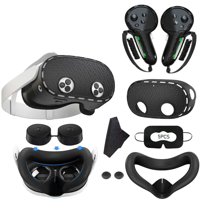 Silicone Cover Set for Meta/Oculus Quest 3S, VR Protector Face Cover with Controller Grips & Knuckle Straps Protector & Lens Protective Cover, VR Accessories