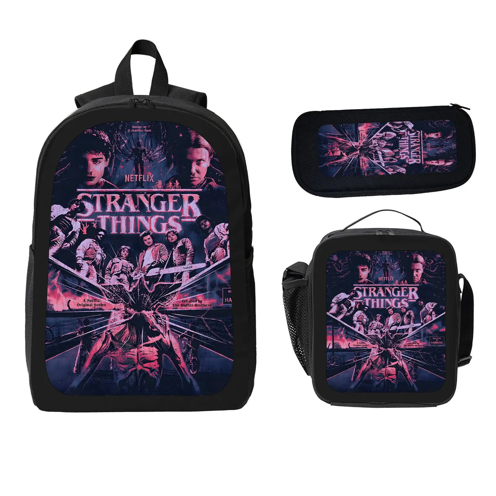 Stranger Things 3 Pcs School Backpack Set for Boys Girls Kids, Large Capacity Bookbag with Insulated Lunch Bag Pencil Case, Water Resistant Travel Daypack for Elementary Middle School c-76