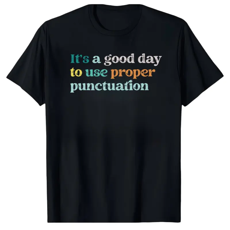 Grammar English Teacher Punctuation Marks T-Shirt - Retro Comma Period Exclamation Question Mark Apostrophe Colon Graphic Tee for Educators, Year-Round Casual Wear