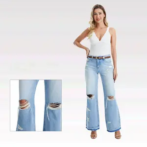 HIGH RISE STRAIGHT LIGHT BLUE RIPPED JEANS Womenswear Streetwear Denim Comfort Bottom Trouser Pants Cotton Fabric Basic Fitted Minimalist
