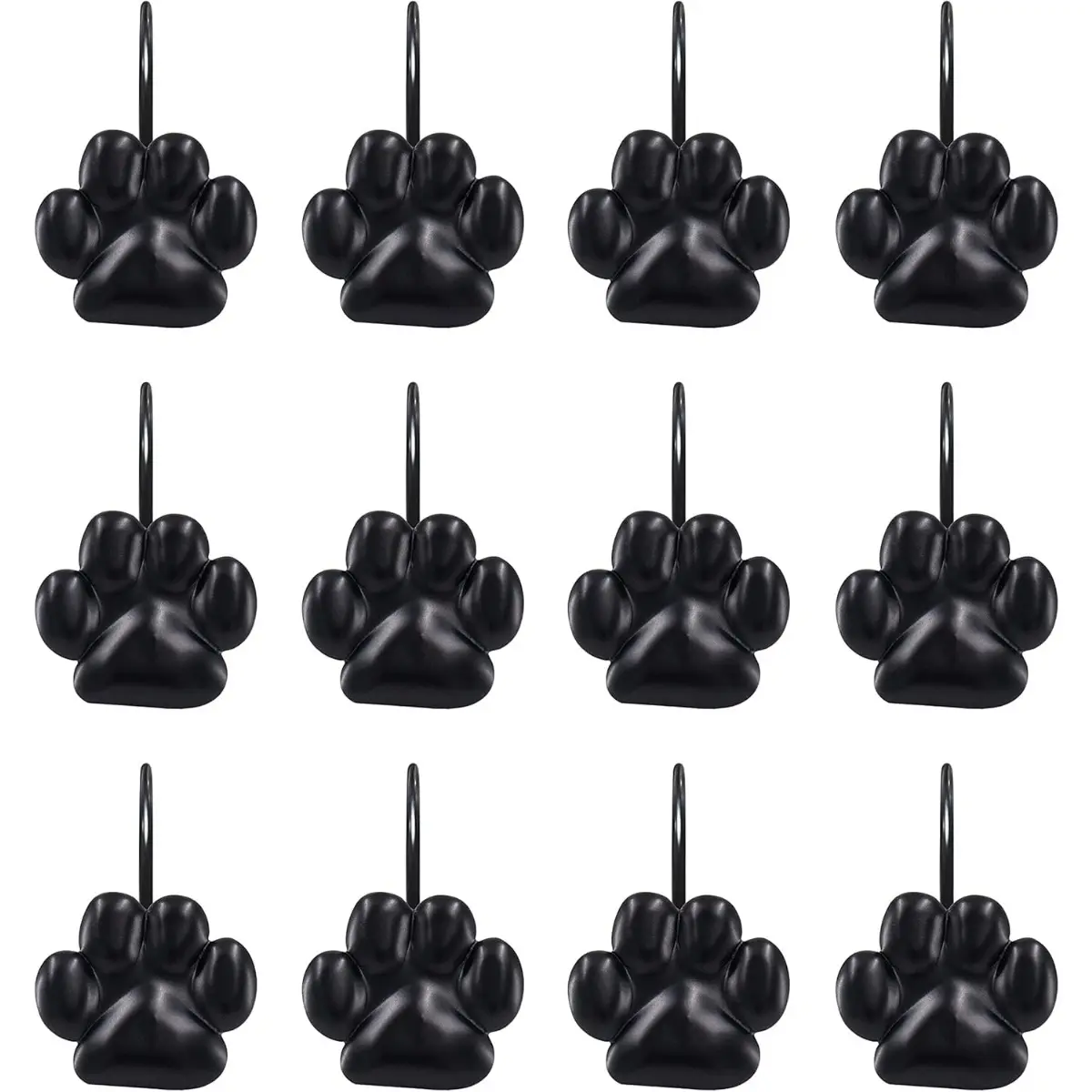 12 Pieces of Cute Paw Print Shower Curtain Resistant Hooks - Rust Proof Metal Rings, Suitable for Bathroom Poles, Black Surface, Fashionable Bathroom Decoration, Modern Bathroom Embellishment, Bathroom Decoration and Accessories