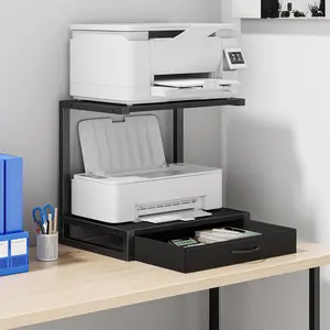 2-Tier Desktop Printer Stand with Fabric Drawer, Printer Table with Storage Shelf, Desk Organizer for Home Office, for 3D Printer, Fax Machine, Scanner, 17.3"x11.8" Black