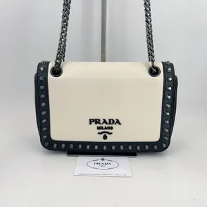 Pre-owned PRADA leather Crossbody Bags Glace Calfskin Studded Crossbody White Black