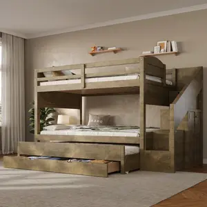 Twin XL over Twin XL Bunk Bed with Trundle and and Three Storage Drawers, Storage Staircase and Wardrobe, Solid Wood Bunk Bed Frame,Walnut