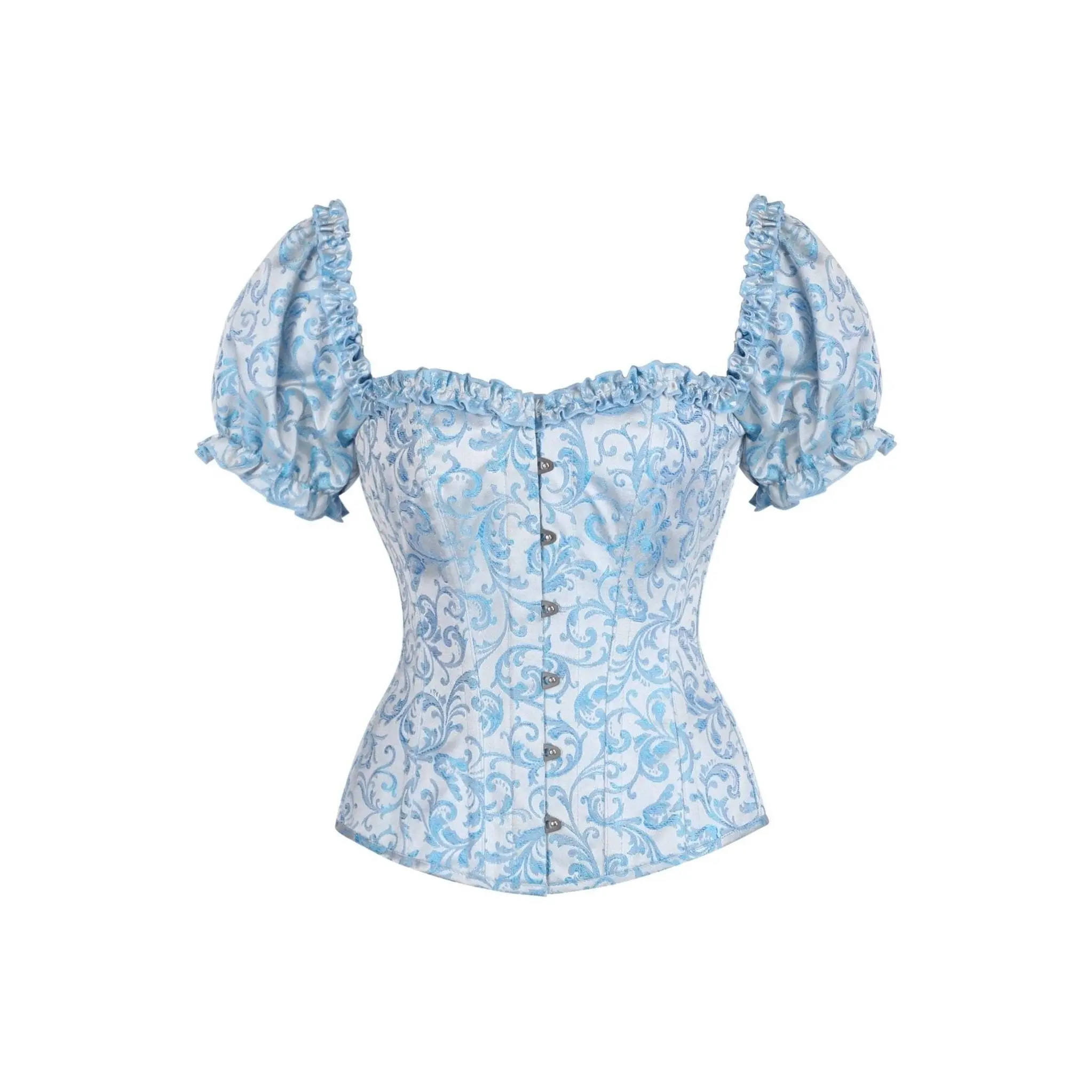 LIMITED EDITION Top Drawer Steel Boned Blue Brocade Overbust Corset Top w/Sleeves