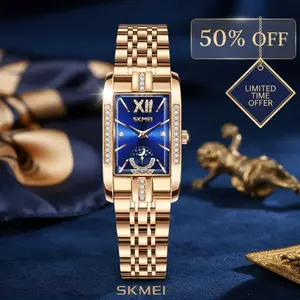 SKMEI Women's Rose Gold Rectangular Watch | Diamond - Accented, Roman Numerals & Crystal Dial Waterproof Wristwatch