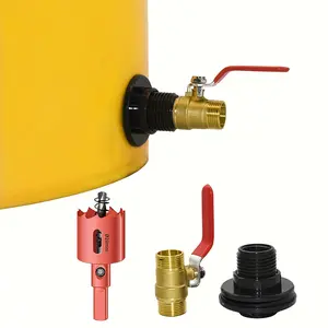 Durable Rainwater Bucket Connector Kit, PVC Bulkhead Joint Adapter, Brass Ball Valve, 3 Pcs, Sleek Metallic Finish, Ideal for Rain Barrels, Garden Hose Connector