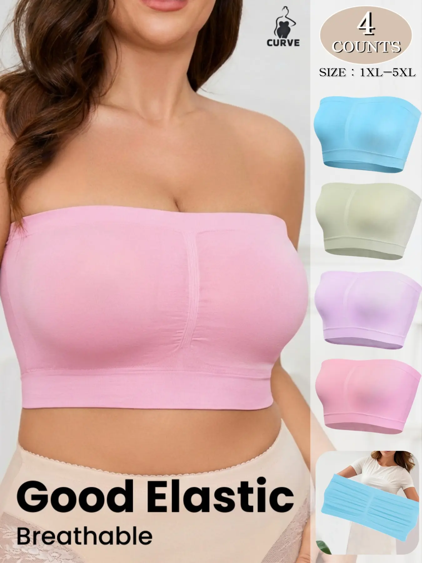 Women's Plus Size Strapless Backless Bralette, Soft Breathable No Padded Bra, Seamless Elastic One Shoulder Crop Top, Medium Support, Casual Wear, All Seasons, Womenswear, Fit, Underwear, Breathable Bralettes, Non Padding Bra