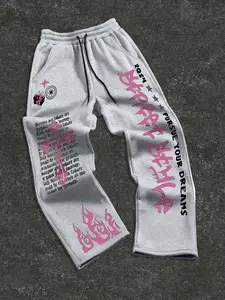 Unisex Loose Fit Graphic Pants, Flame & Cross Pattern Details, Dream Chaser Slogan, Y2K Street Style, Punk Rock Fashion