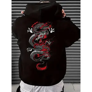 Men's Casual Hoodie with Geometric Dragon Print - Polyester, Pockets, Machine Washable - Perfect for Spring, Fall & Outdoor Activities