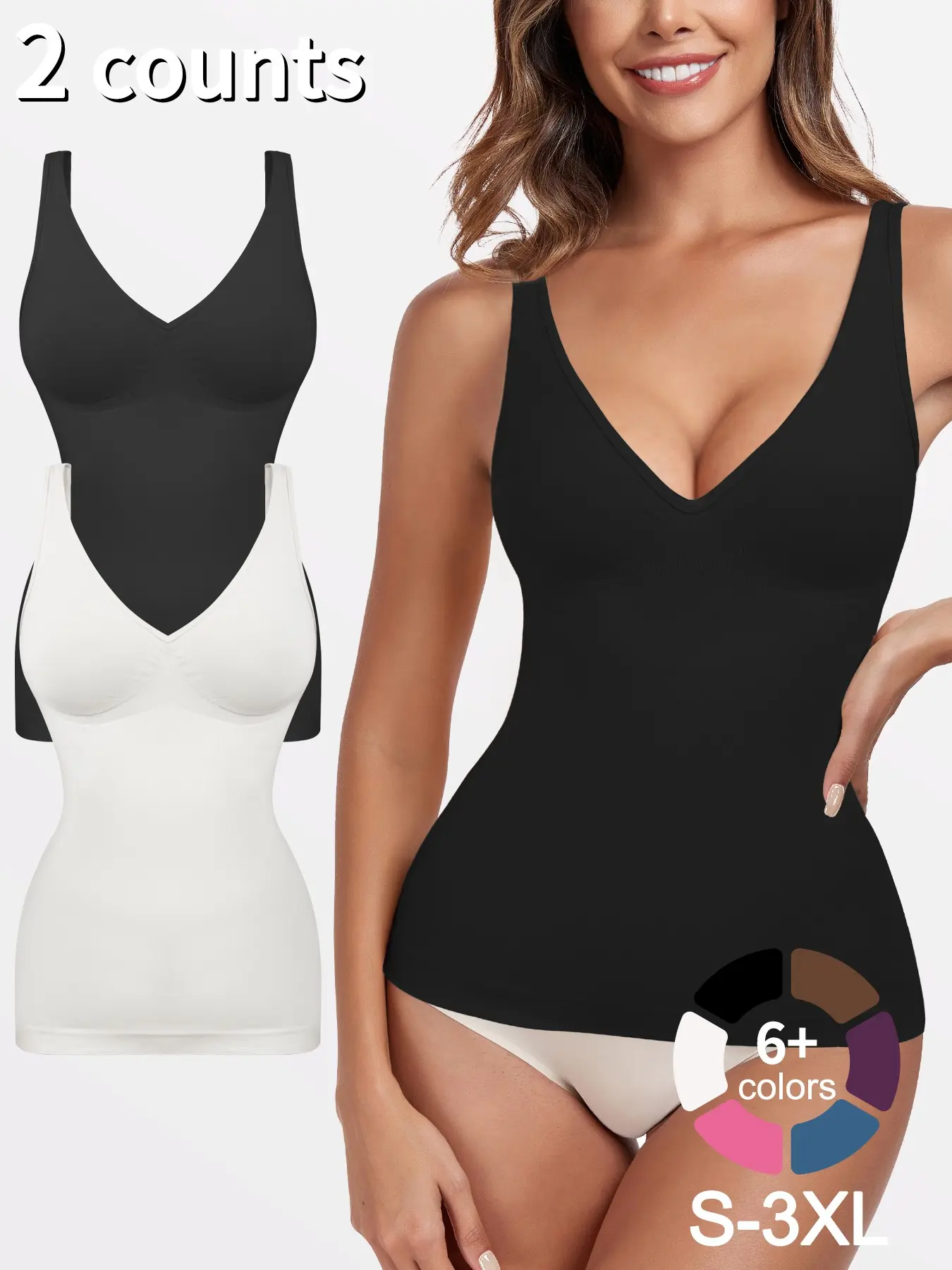 Women's 1/2/3 Pcs Shapewear Body Shapers Tank Top Deep V Neck Tummy Control Seamless Slim Fit Compression Top, Casual All-Seasons Undergarment, Body Shaping Underwear, Moderate Fabric Thickness