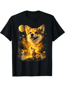 Funny Corgi Howling at The Moon T-Shirt - Vintage Mystical Corgi Dog Art, 100% Cotton Round Neck Short Sleeve Casual Shirt Suitable for Year-Round Wear, Corgi Lover Gift for Everyday Outfits & Themed Events