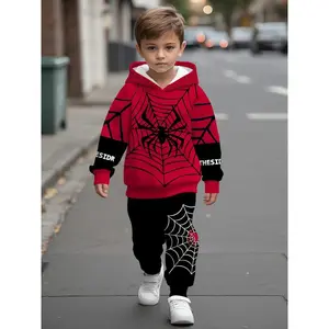 Baby Boy Hooded Sweatshirt Set, Cool Spider Print, a Casual and Comfortable Set for Spring and Autumn Outings, Perfect for Outdoor