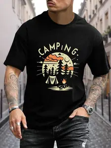 Men's Vintage Camping T-Shirt - Retro Outdoor Tee Suitable for Camping & Casual Wear, Machine Washable Round Neck Shirt with Retro