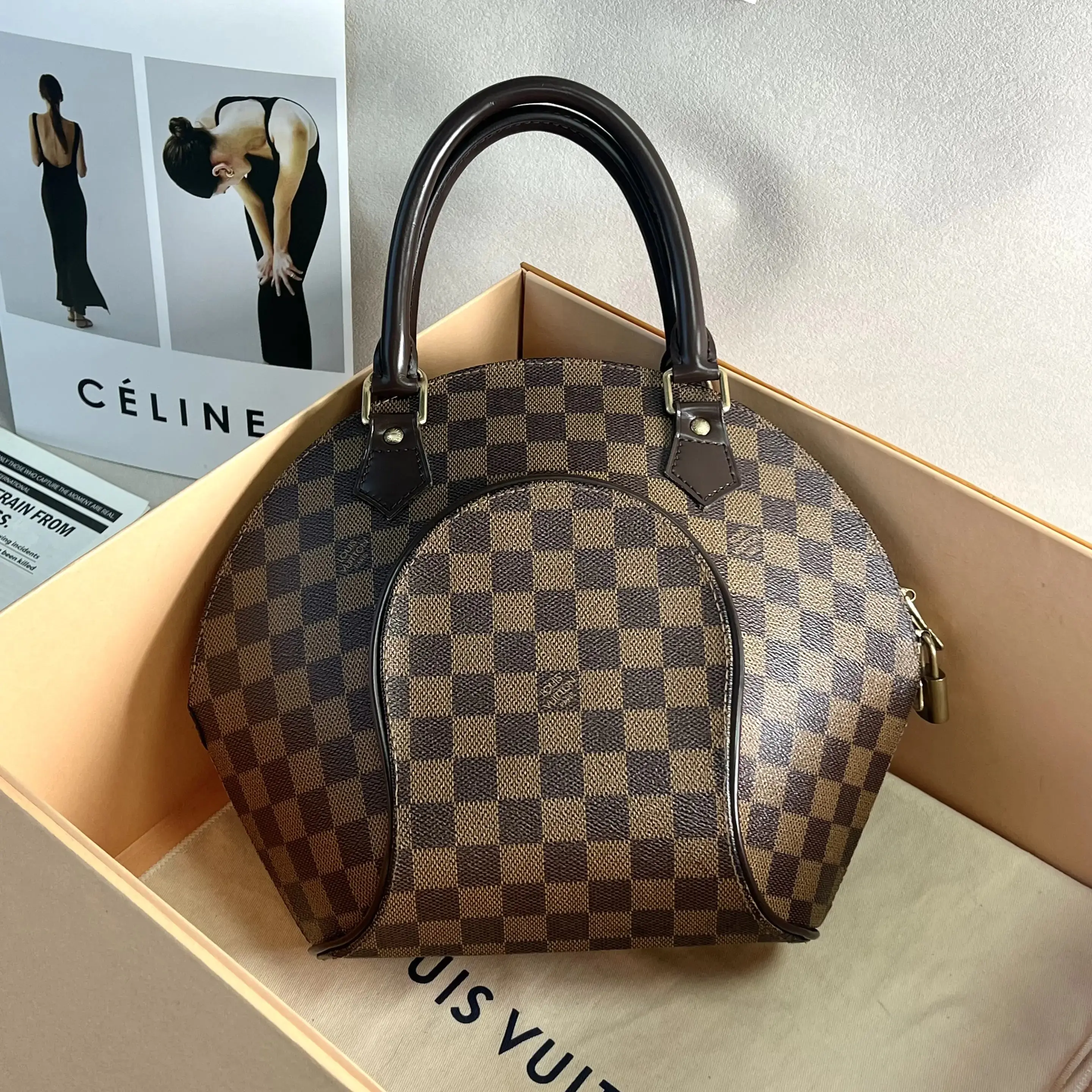 Pre-owned Louis Vuitton LV Ellipse Brown Checkered Coated Canvas with Leather Small Handbag 0808Re/C8355816107