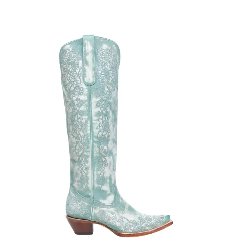WOMEN'S FLORAL EMBROIDERY FADED TURQUOISE SNIP TOE TALL TOP COWBOY BOOT