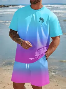 Men's Summer Casual Set, Outfit, 2-Piece Vacation with Gradient Tropical Coconut Tree Print T-Shirt and Shorts, Comfortable Beach Wear with Elastic Waist Design