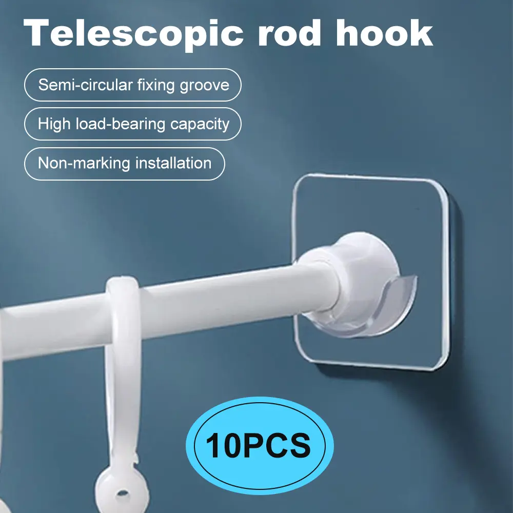 10PCS Transparent Curtain Rod Hooks, Adjustable Tension Rod Bracket with Anti-Slip Groove, Self-Adhesive No Drill Non-Marking Heavy Duty Drapery Holder for Living Room Bathroom Kitchen Bedroom Apartment