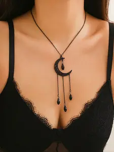 Gothic Dark Moon Goddess Pendant Necklace, Crystal Tassel Water Drop Clavicle Chain, Casual Style Zinc Alloy Jewelry for All Seasons