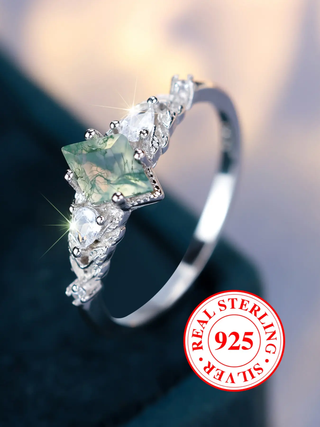 S925 Sterling Silver Rings for Women & Girls Sea Grass Agate Elegant Engagement Ring Stackable Design, Unique Rings, Bridal Statement Ring, Engagement Wedding Rings, Birthday & Anniversary Gift Daily Wear Jewelry(with Box)