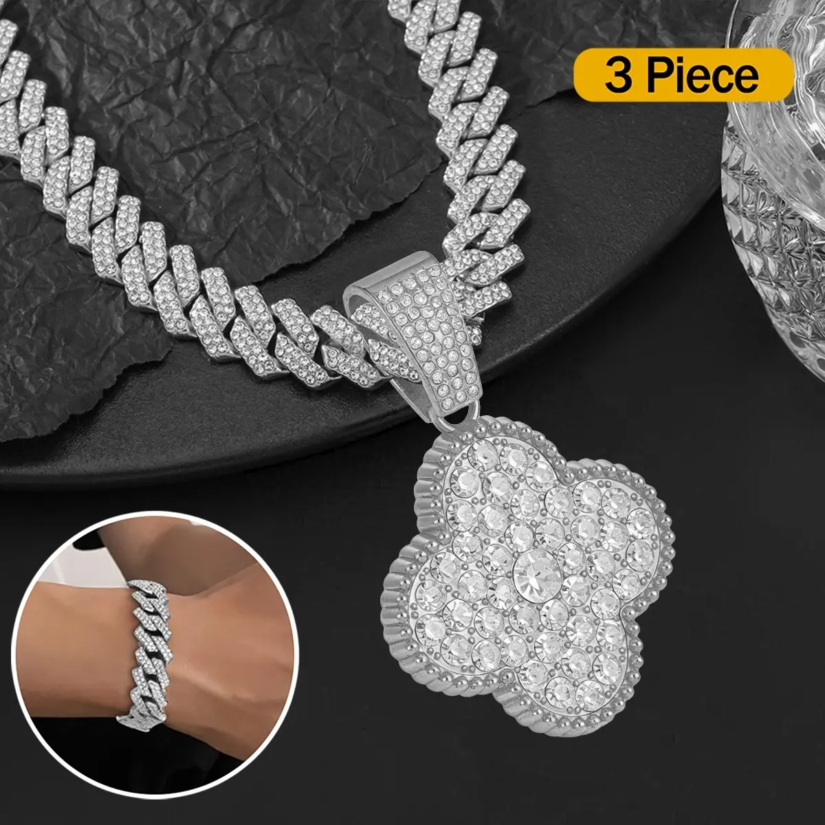 Iced Out Four Leaf Clover Pendant Necklace Cuban Link Chain Miami Hip Hop Jewelry Set 2 or 3 Pieces for Men Women