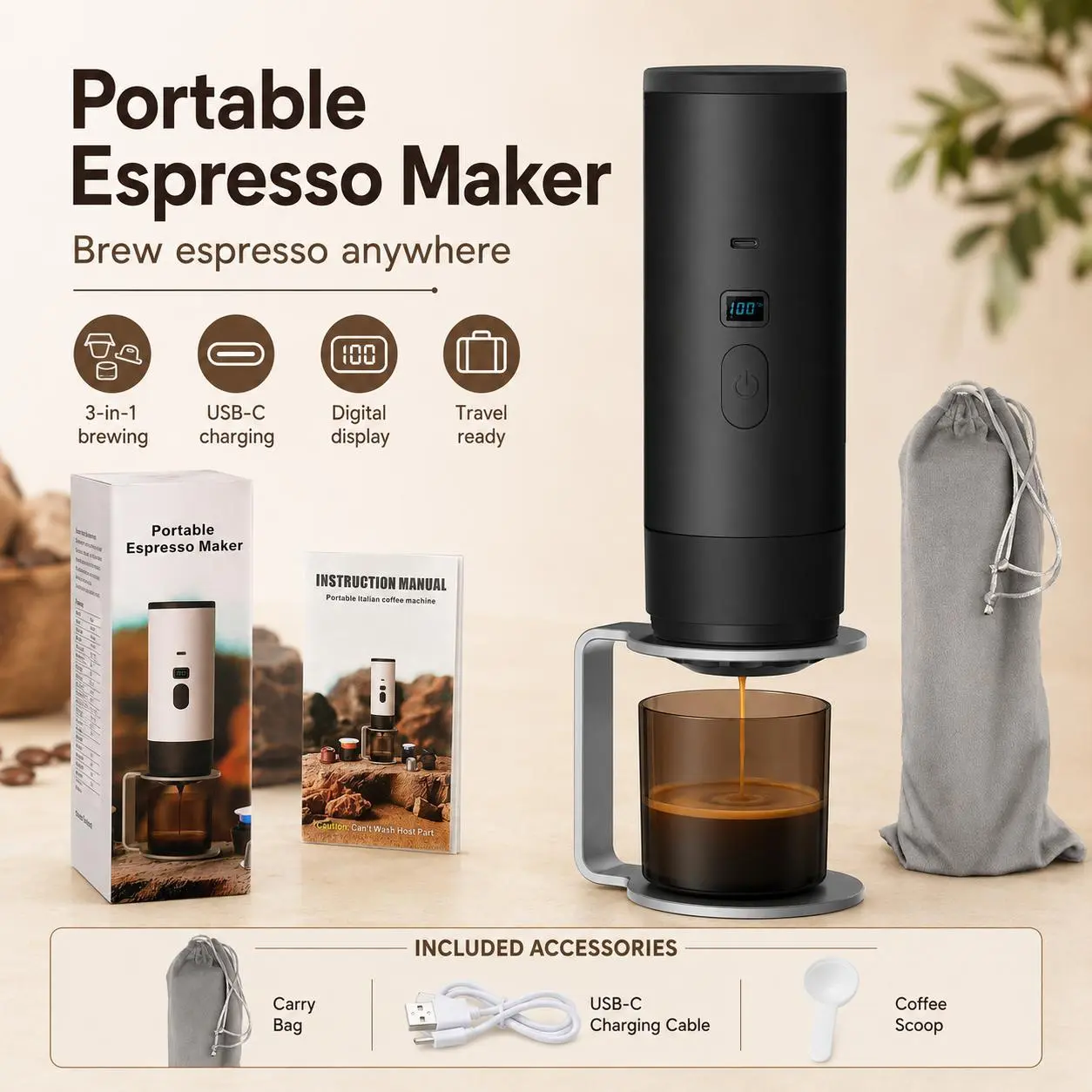 【BackToSchool】Travel Espresso Machine - Mini Capsule Coffee Maker for Home & On-the-Go - Electric, Compact - Black & White Options